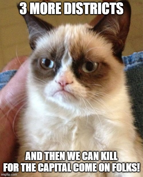3 more! | 3 MORE DISTRICTS; AND THEN WE CAN KILL FOR THE CAPITAL COME ON FOLKS! | image tagged in memes,grumpy cat | made w/ Imgflip meme maker