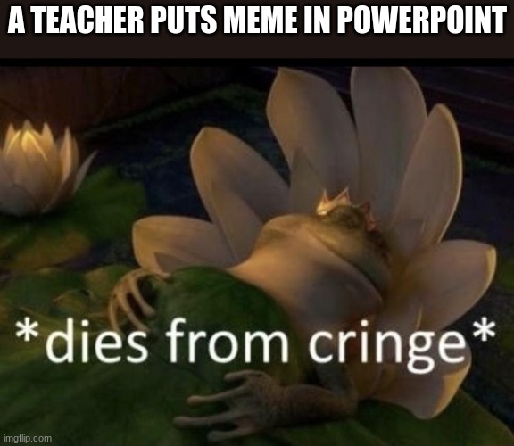 Dies from cringe | A TEACHER PUTS MEME IN POWERPOINT | image tagged in dies from cringe | made w/ Imgflip meme maker