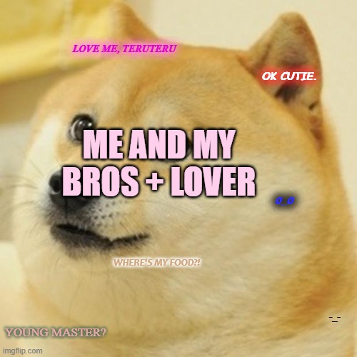 Doge Meme | LOVE ME, TERUTERU; OK CUTIE. ME AND MY BROS + LOVER; 0_0; WHERE'S MY FOOD?! -_-; YOUNG MASTER? | image tagged in memes,doge | made w/ Imgflip meme maker