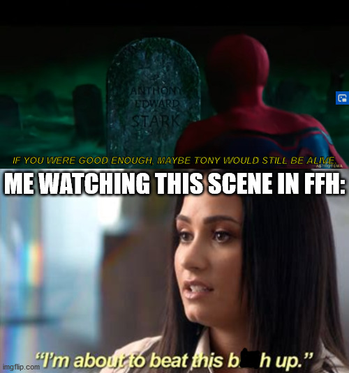 You took it too far, Mysterio. | IF YOU WERE GOOD ENOUGH, MAYBE TONY WOULD STILL BE ALIVE. ME WATCHING THIS SCENE IN FFH: | image tagged in demi lovato,mcu,spiderman peter parker | made w/ Imgflip meme maker
