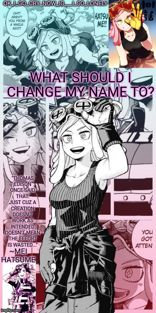 my mei temp | WHAT SHOULD I CHANGE MY NAME TO? | image tagged in my mei temp | made w/ Imgflip meme maker