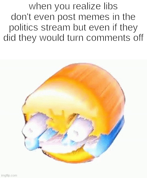 Laughing emoji | when you realize libs don't even post memes in the politics stream but even if they did they would turn comments off | image tagged in laughing emoji | made w/ Imgflip meme maker