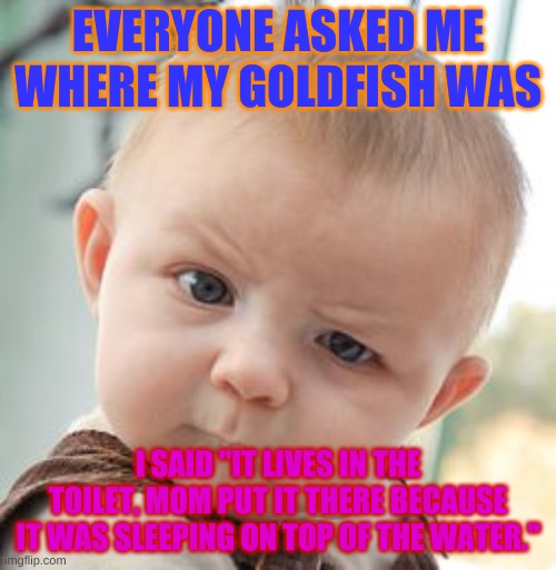 Skeptical Baby | EVERYONE ASKED ME WHERE MY GOLDFISH WAS; I SAID "IT LIVES IN THE TOILET, MOM PUT IT THERE BECAUSE IT WAS SLEEPING ON TOP OF THE WATER." | image tagged in memes,skeptical baby | made w/ Imgflip meme maker