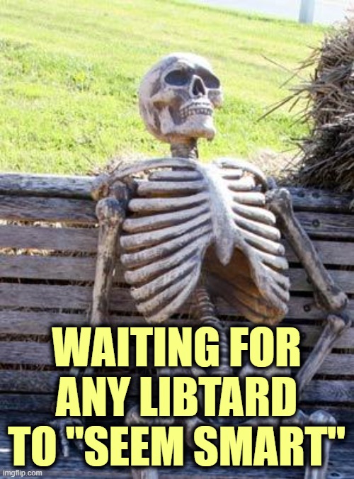 Waiting Skeleton Meme | WAITING FOR ANY LIBTARD TO "SEEM SMART" | image tagged in memes,waiting skeleton | made w/ Imgflip meme maker
