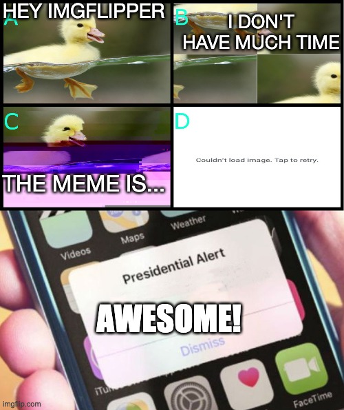 HEY IMGFLIPPER I DON'T HAVE MUCH TIME THE MEME IS... AWESOME! | image tagged in increasingly distorted duck,memes,presidential alert | made w/ Imgflip meme maker