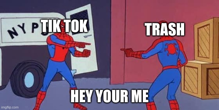 lol | TRASH; TIK TOK; HEY YOUR ME | image tagged in spider man double,tik tok sucks | made w/ Imgflip meme maker