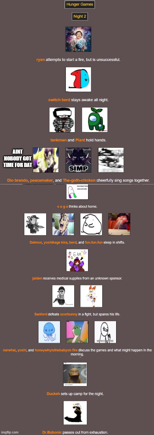 night 2! i have to go but i will be back in about an hour and a half | AINT NOBODY GOT TIME FOR DAT | image tagged in memes,american chopper argument | made w/ Imgflip meme maker
