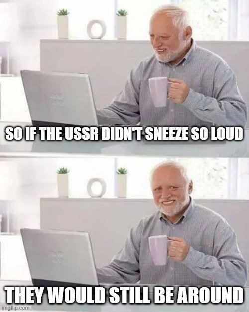 The sneeze of the 90's | SO IF THE USSR DIDN'T SNEEZE SO LOUD; THEY WOULD STILL BE AROUND | image tagged in memes,hide the pain harold,ussr | made w/ Imgflip meme maker