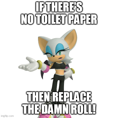 I hate taking a #2 and finding this out | IF THERE'S NO TOILET PAPER; THEN REPLACE THE DAMN ROLL! | image tagged in annoyed rouge the bat | made w/ Imgflip meme maker