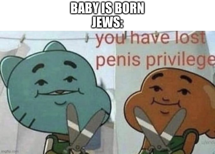 You have lost p*nis privilege. | BABY IS BORN
JEWS: | image tagged in you have lost p nis privilege | made w/ Imgflip meme maker