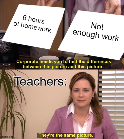 They're The Same Picture Meme | 6 hours of homework; Not enough work; Teachers: | image tagged in memes,they're the same picture | made w/ Imgflip meme maker