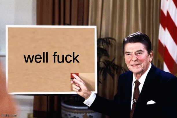 Ronald Reagan pointing at sign | well fuck | image tagged in ronald reagan pointing at sign | made w/ Imgflip meme maker