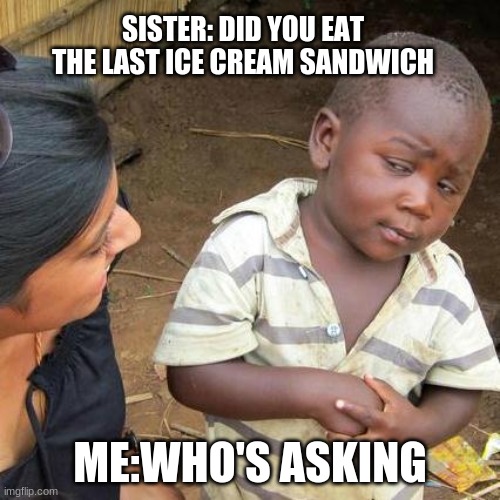 Third World Skeptical Kid | SISTER: DID YOU EAT THE LAST ICE CREAM SANDWICH; ME: WHO'S ASKING | image tagged in memes,third world skeptical kid | made w/ Imgflip meme maker