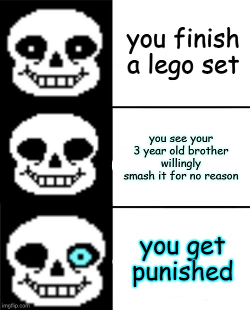little brother: wasnt me | you finish a lego set; you see your 3 year old brother willingly smash it for no reason; you get punished | image tagged in sans | made w/ Imgflip meme maker