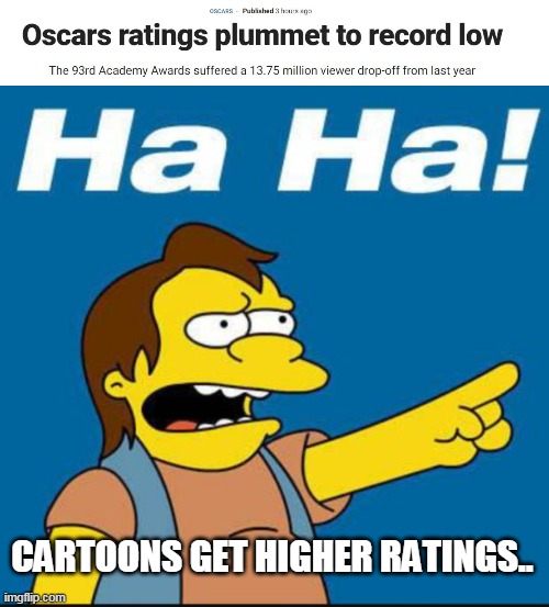 Oscars | CARTOONS GET HIGHER RATINGS.. | image tagged in nelson laugh old,politics | made w/ Imgflip meme maker