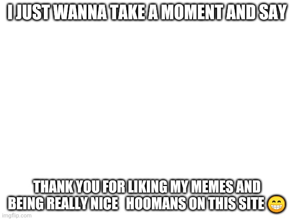 It means a lot to me | I JUST WANNA TAKE A MOMENT AND SAY; THANK YOU FOR LIKING MY MEMES AND BEING REALLY NICE   HOOMANS ON THIS SITE 😁 | image tagged in blank white template | made w/ Imgflip meme maker