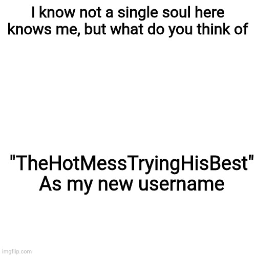 So uh- hi | I know not a single soul here knows me, but what do you think of; "TheHotMessTryingHisBest"
As my new username | image tagged in memes,blank transparent square | made w/ Imgflip meme maker
