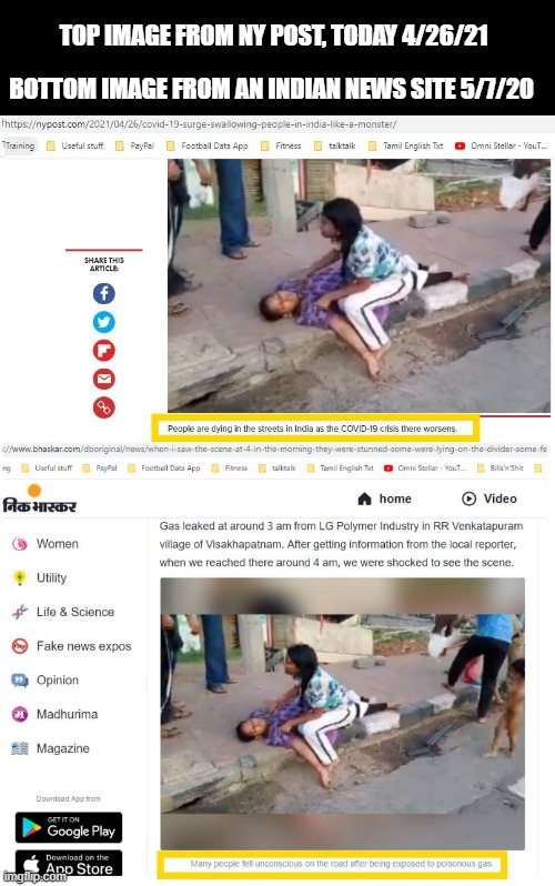 Scamdemic ...they're not even trying anymore! | TOP IMAGE FROM NY POST, TODAY 4/26/21; BOTTOM IMAGE FROM AN INDIAN NEWS SITE 5/7/20 | image tagged in covid-19,scamdemic,ycmiu | made w/ Imgflip meme maker