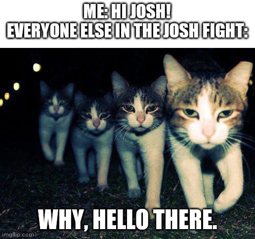 Wrong Neighboorhood Cats | ME: HI JOSH!
EVERYONE ELSE IN THE JOSH FIGHT:; WHY, HELLO THERE. | image tagged in memes,wrong neighboorhood cats | made w/ Imgflip meme maker