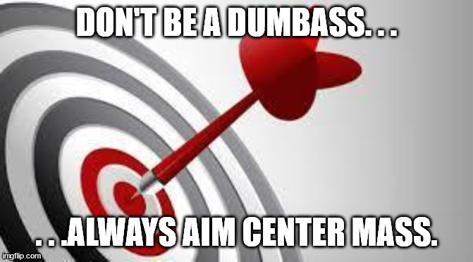 true weapon control is knowing where to aim. | DON'T BE A DUMBASS. . . . . .ALWAYS AIM CENTER MASS. | image tagged in weapons,aim,bullseye,meme,funny,humor | made w/ Imgflip meme maker