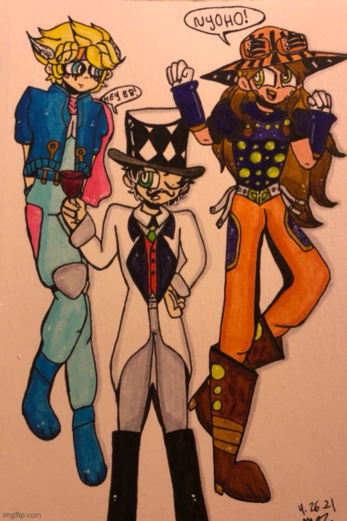 This drawing of the Zeppeli family was requested by the amazing PrinceVince64! The lighting and image quality isn’t the best | image tagged in drawings,fan art,friend request,jojo's bizarre adventure,italians | made w/ Imgflip meme maker
