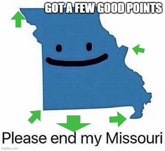 Please end my Missouri | GOT A FEW GOOD POINTS | image tagged in please end my missouri | made w/ Imgflip meme maker