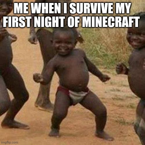 Third World Success Kid Meme | ME WHEN I SURVIVE MY FIRST NIGHT OF MINECRAFT | image tagged in memes,third world success kid | made w/ Imgflip meme maker