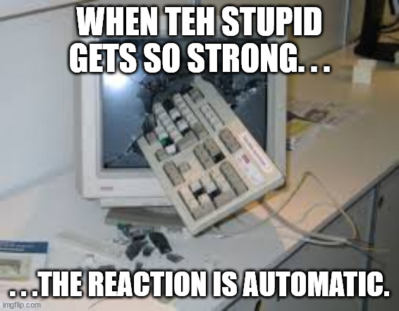 internet rage quit | WHEN TEH STUPID GETS SO STRONG. . . . . .THE REACTION IS AUTOMATIC. | image tagged in internet rage quit | made w/ Imgflip meme maker