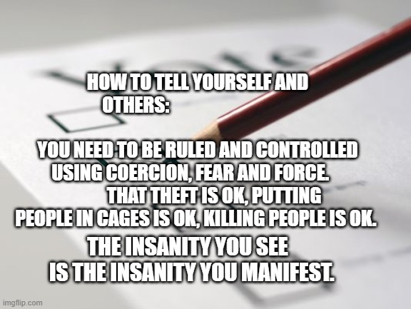 Voting Ballot | HOW TO TELL YOURSELF AND OTHERS:                                  
                           YOU NEED TO BE RULED AND CONTROLLED USING COERCION, FEAR AND FORCE.              THAT THEFT IS OK, PUTTING PEOPLE IN CAGES IS OK, KILLING PEOPLE IS OK. THE INSANITY YOU SEE     IS THE INSANITY YOU MANIFEST. | image tagged in voting ballot | made w/ Imgflip meme maker