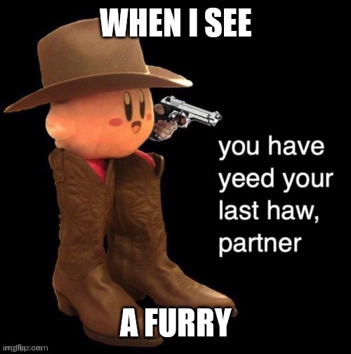 No furry | WHEN I SEE; A FURRY | image tagged in kirby you have yee-ed your last haw,anti furry | made w/ Imgflip meme maker