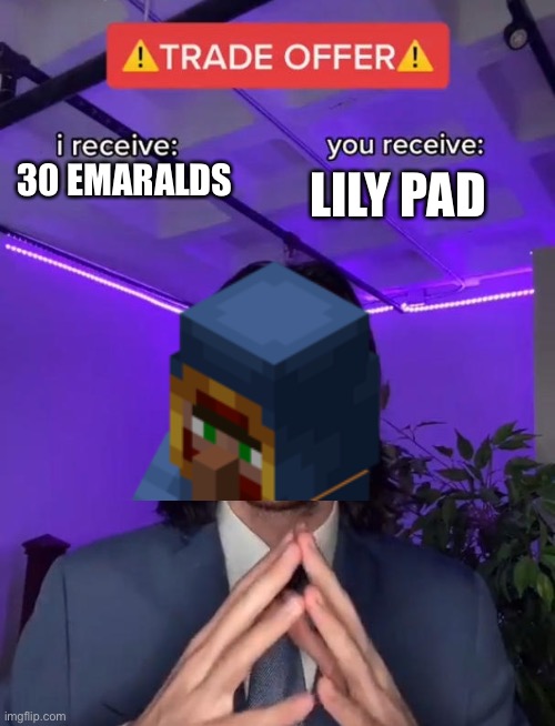Wandering trader |  LILY PAD; 30 EMARALDS | image tagged in trade offer,why,oh wow are you actually reading these tags,too many tags,ha ha ha ha,goodbye | made w/ Imgflip meme maker