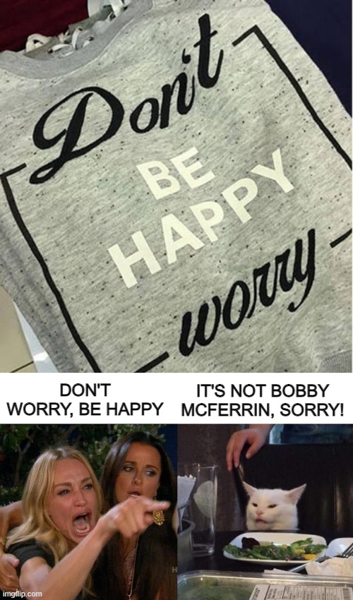 Slogan Fail | IT'S NOT BOBBY MCFERRIN, SORRY! DON'T WORRY, BE HAPPY | image tagged in memes,woman yelling at cat | made w/ Imgflip meme maker