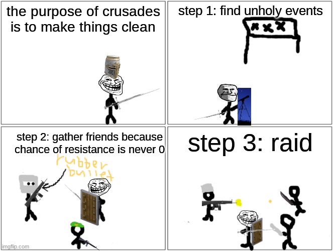 Blank Comic Panel 2x2 | step 1: find unholy events; the purpose of crusades is to make things clean; step 3: raid; step 2: gather friends because chance of resistance is never 0 | image tagged in memes,blank comic panel 2x2 | made w/ Imgflip meme maker