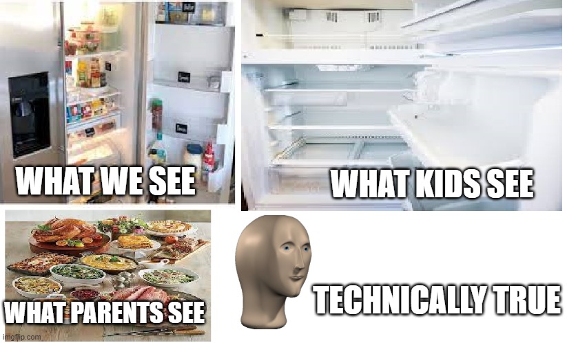 fridge meme | WHAT KIDS SEE; WHAT WE SEE; TECHNICALLY TRUE; WHAT PARENTS SEE | image tagged in funny | made w/ Imgflip meme maker