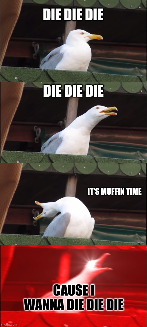 muffinz... | DIE DIE DIE; DIE DIE DIE; IT'S MUFFIN TIME; CAUSE I WANNA DIE DIE DIE | image tagged in memes,inhaling seagull | made w/ Imgflip meme maker