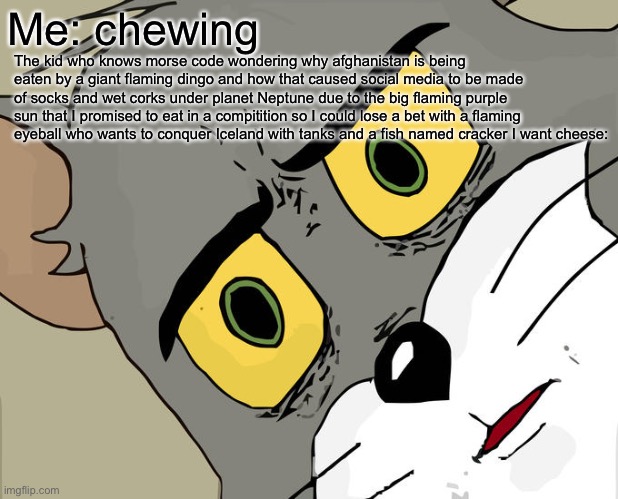 Why tho | Me: chewing; The kid who knows morse code wondering why afghanistan is being eaten by a giant flaming dingo and how that caused social media to be made of socks and wet corks under planet Neptune due to the big flaming purple sun that I promised to eat in a compitition so I could lose a bet with a flaming eyeball who wants to conquer Iceland with tanks and a fish named cracker I want cheese: | image tagged in memes,unsettled tom | made w/ Imgflip meme maker