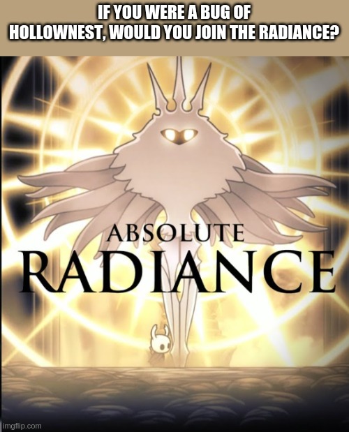 I would. | IF YOU WERE A BUG OF HOLLOWNEST, WOULD YOU JOIN THE RADIANCE? | image tagged in absolute radiance | made w/ Imgflip meme maker