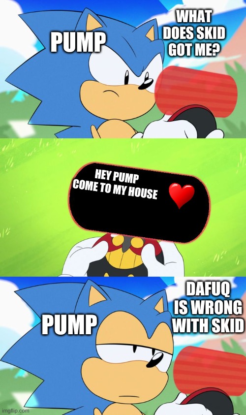 Pump Is Not Impressed | WHAT DOES SKID GOT ME? PUMP; HEY PUMP COME TO MY HOUSE; DAFUQ IS WRONG WITH SKID; PUMP | image tagged in sonic dumb message meme | made w/ Imgflip meme maker
