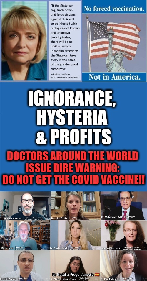 The Doctors Have NOTHING To GAIN & Could Potentially Lose Everything For Telling What They Know... | IGNORANCE, 
HYSTERIA 
& PROFITS; DOCTORS AROUND THE WORLD 

ISSUE DIRE WARNING: 

DO NOT GET THE COVID VACCINE!! | image tagged in politics,covid-19,life and death,vaccine,plandemic | made w/ Imgflip meme maker