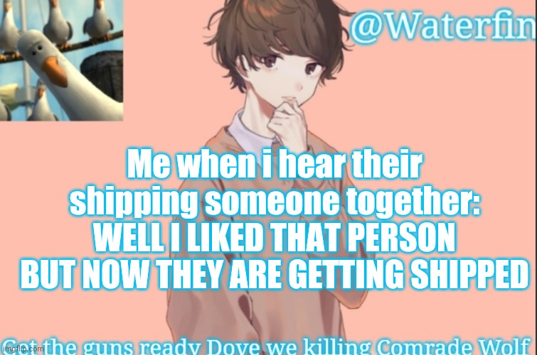 I have crushes on lots of women | Me when i hear their shipping someone together: WELL I LIKED THAT PERSON BUT NOW THEY ARE GETTING SHIPPED | image tagged in waterfins template | made w/ Imgflip meme maker