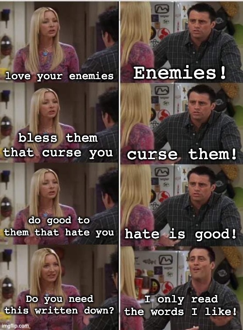Sometimes, in the Abrahamic religions | Enemies! love your enemies; bless them that curse you; curse them! do good to them that hate you; hate is good! I only read the words I like! Do you need this written down? | image tagged in phoebe joey,religion,hate,bible | made w/ Imgflip meme maker