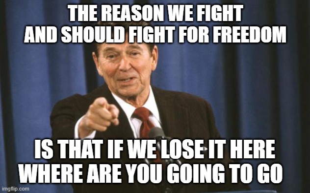 Ronald Reagan | THE REASON WE FIGHT AND SHOULD FIGHT FOR FREEDOM; IS THAT IF WE LOSE IT HERE WHERE ARE YOU GOING TO GO | image tagged in ronald reagan | made w/ Imgflip meme maker