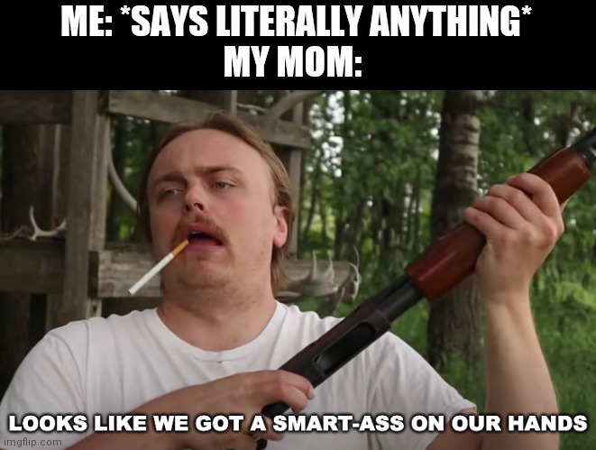 smart-ass on our hands | ME: *SAYS LITERALLY ANYTHING*
MY MOM: | image tagged in smart-ass on our hands | made w/ Imgflip meme maker