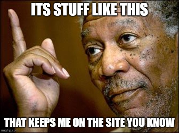 This Morgan Freeman | ITS STUFF LIKE THIS THAT KEEPS ME ON THE SITE YOU KNOW | image tagged in this morgan freeman | made w/ Imgflip meme maker