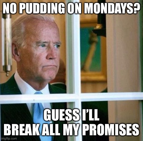 Sad Joe Biden | NO PUDDING ON MONDAYS? GUESS I’LL BREAK ALL MY PROMISES | image tagged in sad joe biden | made w/ Imgflip meme maker