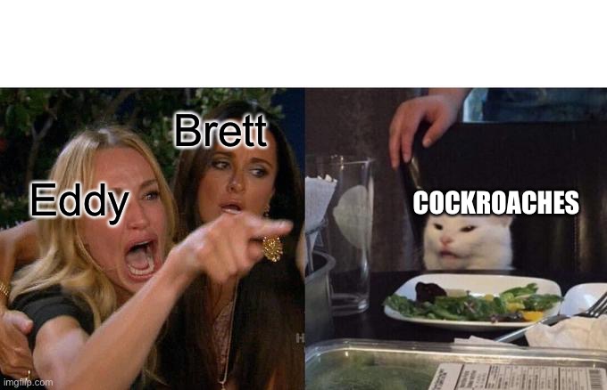 Woman Yelling At Cat Meme | Brett; Eddy; COCKROACHES | image tagged in memes,woman yelling at cat | made w/ Imgflip meme maker