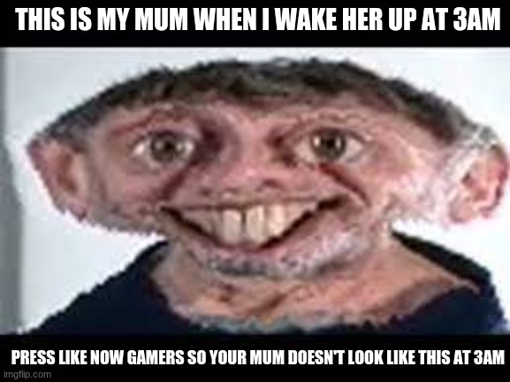 this meme is intended as a joke | THIS IS MY MUM WHEN I WAKE HER UP AT 3AM; PRESS LIKE NOW GAMERS SO YOUR MUM DOESN'T LOOK LIKE THIS AT 3AM | image tagged in michael rosen | made w/ Imgflip meme maker