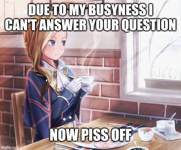 Azur Lane |  DUE TO MY BUSYNESS I CAN'T ANSWER YOUR QUESTION; NOW PISS OFF | image tagged in azur lane | made w/ Imgflip meme maker