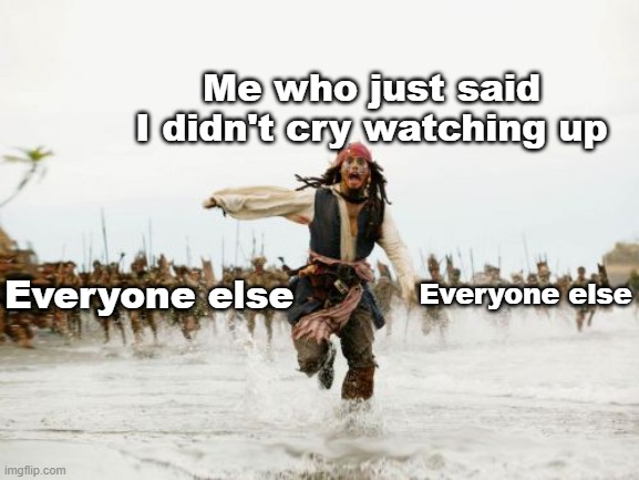 I didn't cry. | Me who just said I didn't cry watching up; Everyone else; Everyone else | image tagged in memes,jack sparrow being chased | made w/ Imgflip meme maker