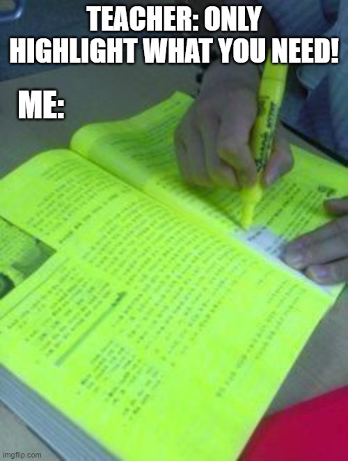 I need it all | TEACHER: ONLY HIGHLIGHT WHAT YOU NEED! ME: | image tagged in memes | made w/ Imgflip meme maker